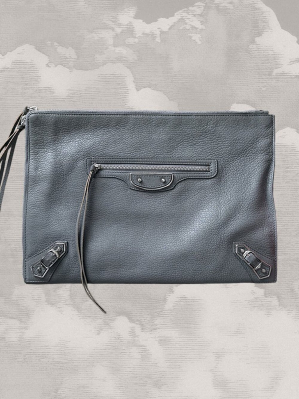 BALENCIAGA Classic City Grey Leather Giant 12 Sh Edge Zip Pouch Clutch